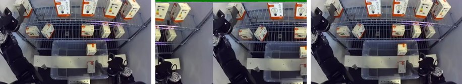 Three consecutive frames from the robot's camera. The middle one is torn: the picture wraps around a vertical seam and a green line runs along its top edge.